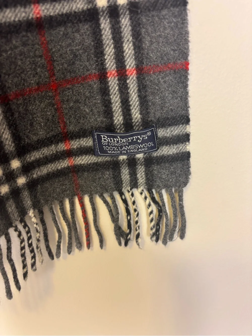 Burberrys Grey Plaid Wool Scarf with Red & White Windowpane